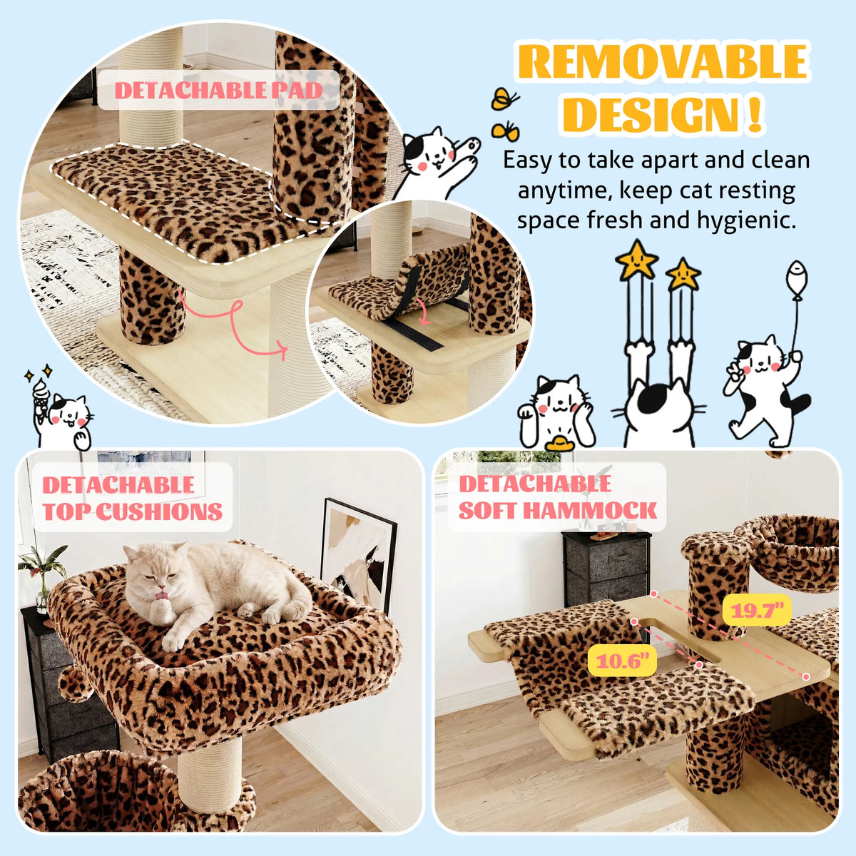 HOOMIC 77" Cat Tree, Ultra-Soft Plush with Thick Scratching Poles, Removable Hammock & Condo, Waterproof Wood Base，Beige & Leopard Print