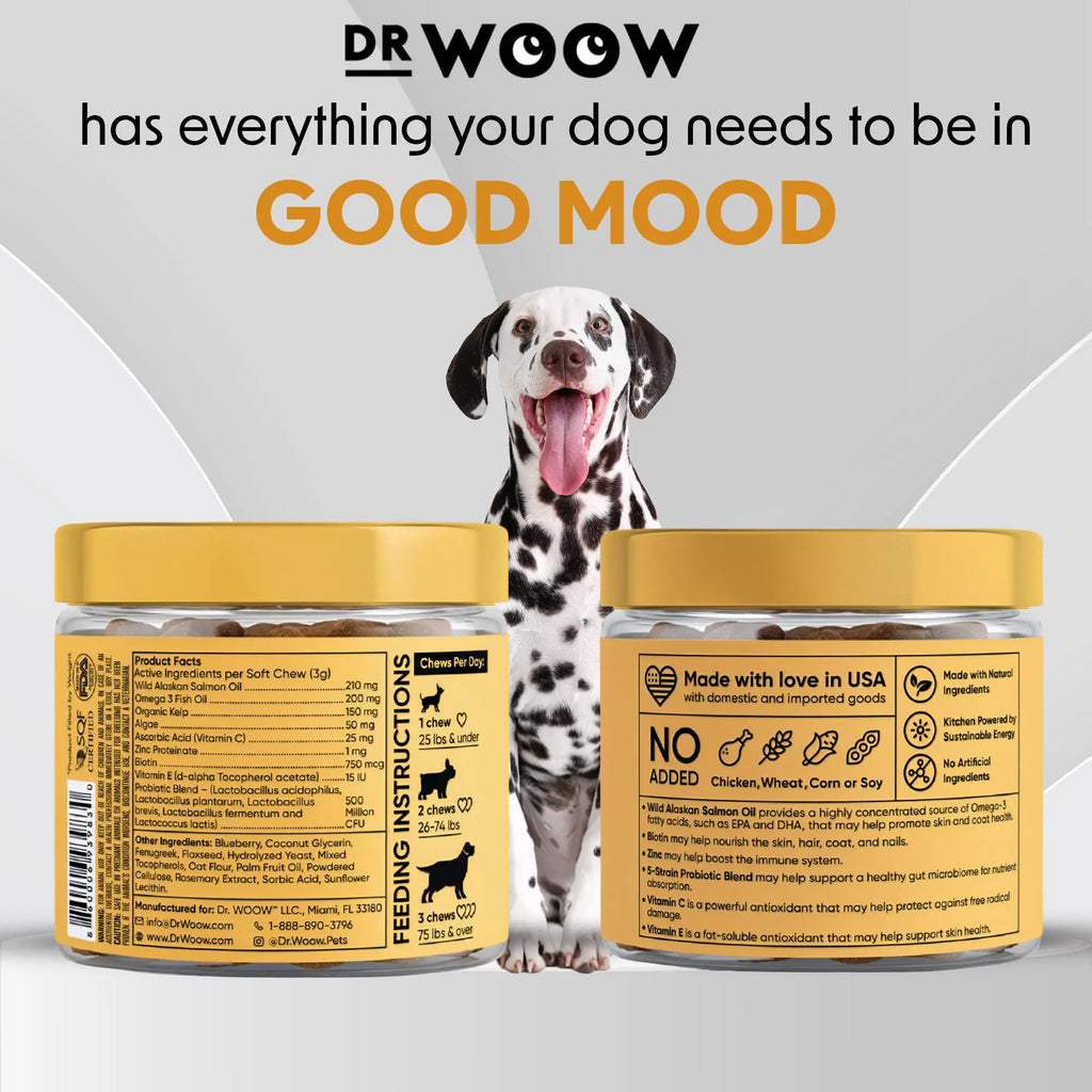 Dr Woow Dog Fur & Skin Care Soft Chews, High-Protein Salmon Flavor Treats with Biotin & Vitamins, Supports Shiny Coat, Reduces Dryness, Boosts Healthy Skin