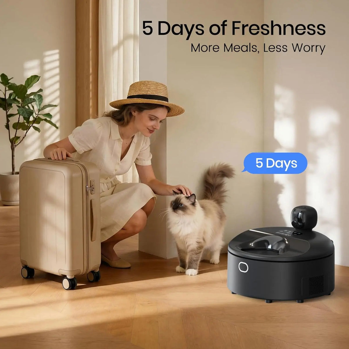 Automatic Wet Food Cat Feeder with 3MP Camera, App Remote Control , Dual Semiconductor Cooling, Heating Feeding Area, 5 Stainless Steel Trays Pet Food Dispenser Ever Sweet Gravity Ultra Bowl Set Small Dog Enrichment Fresh Time Meal， Medium Large Breed