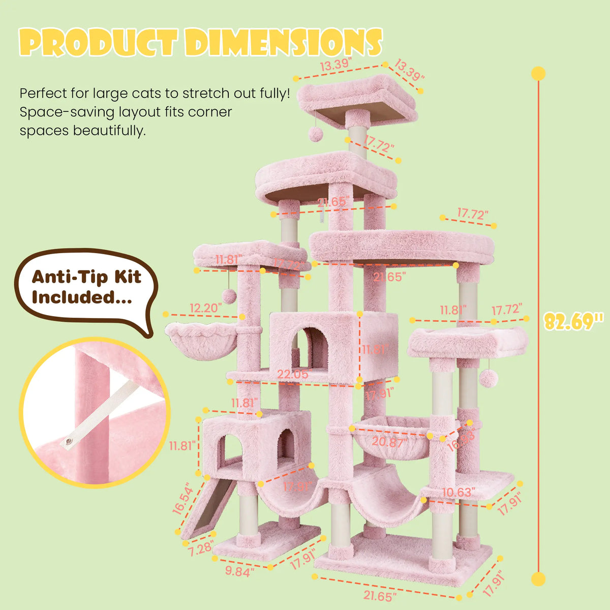 SHA CERLIN Leopard Print 82In(6.8Ft) Heavy Duty Cat Tree Tower, 6 Spacious Tiers Multi-Level Condo with 2 Curved Beds, XL Luxury Top Perch, Hammock, Angled Ladder & Dense Plush Fabric for Indoor Extra Large Cats, 82 Inches, Sohochic