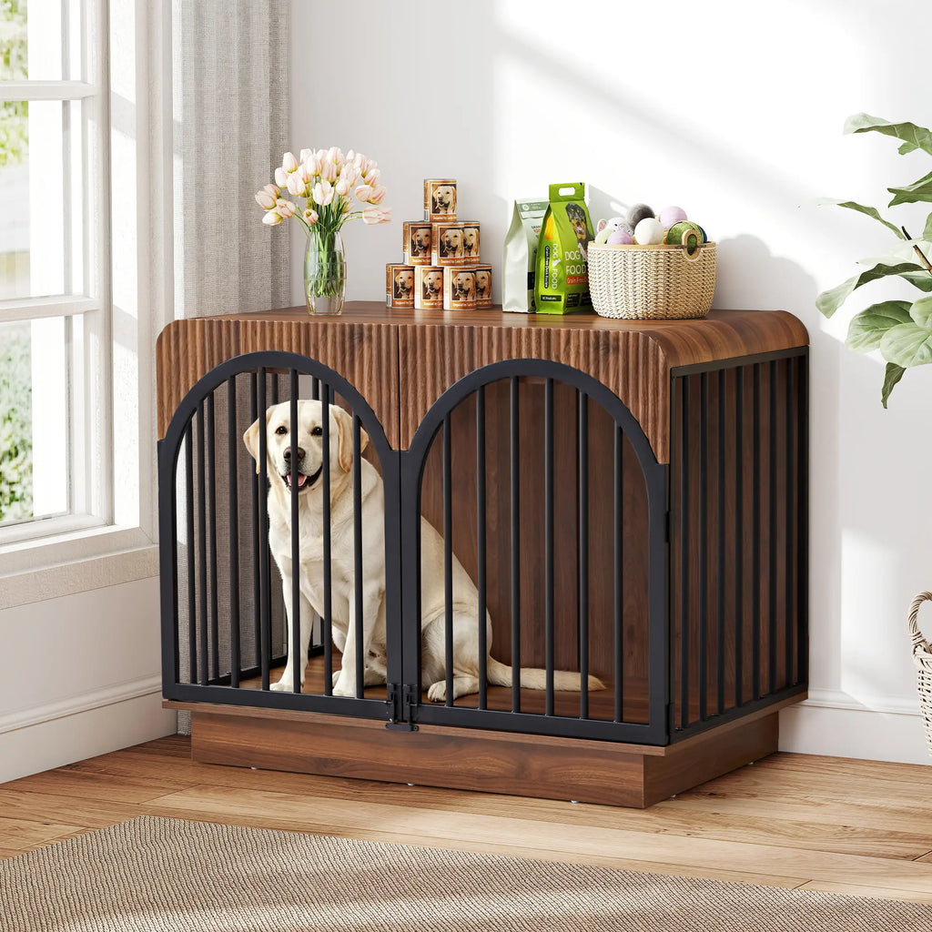 Giratree 39.3" Fluted Wooden Dog Crate Furniture, Mid-Century Modern Indoor Dog Kennel Dogs Cage for Medium/Large Dogs, Heavy Duty Dog Crates Decorative Pet House for Living Room